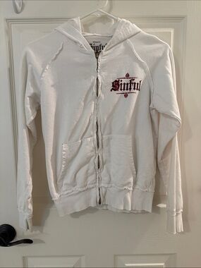 Sinful White zip hoodie with Black Logo Print